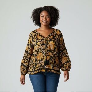 Cleo Petite Fall Foliage Bohemian Peasant Blouse w Long Sleeves, Lightweight